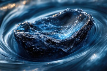 Fototapete - A dark, mysterious rock sits serenely amidst swirling, luminous blue water.