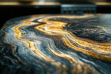 Fototapete - Close-up of a luxurious surface with swirling black, gold, and grey patterns.