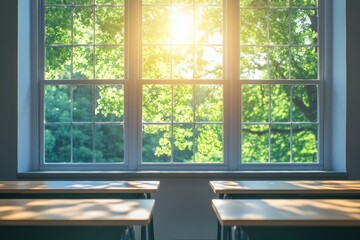 Wall Mural - sunlight streams through large windows in a classroom, illuminating empty desks.