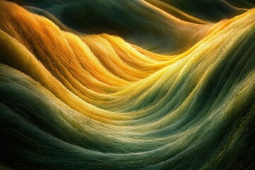 Fototapete - Abstract landscape of flowing golden and green waves, illuminated by sunlight.