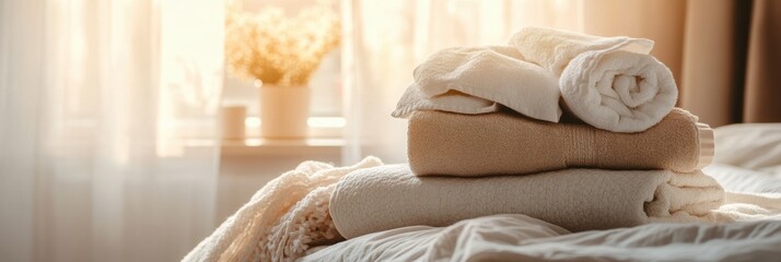Poster - Freshly washed towels and bed linens arranged on a cozy bed in a warm, inviting bedroom with soft morning light Generative AI