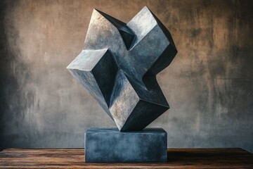 Poster - Abstract geometric sculpture, dark gray stone, angular, balanced precariously on a base.
