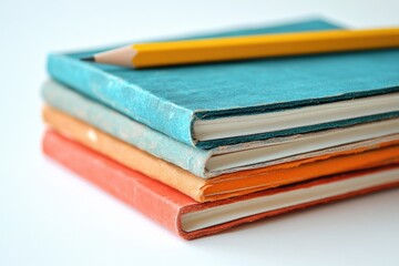 Poster - A stack of colorful notebooks with a yellow pencil on top, suggesting learning and education.