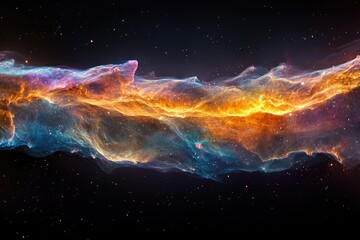 a vibrant nebula stretches across the cosmos, its fiery orange and cool blue hues creating a breatht