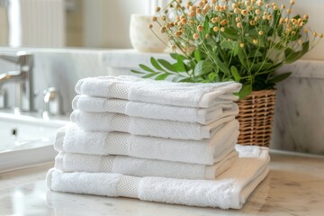 Poster - Neatly folded towels in a cozy bathroom with natural elements for a hotel or spa atmosphere Generative AI