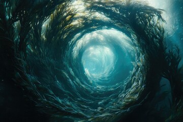 Wall Mural - A mesmerizing underwater vortex of kelp forest, creating a swirling, ethereal tunnel of light and shadows.