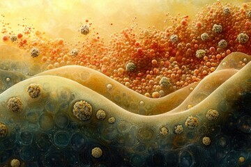 Leinwandbilder - Microscopic view of cell membrane with numerous orange and yellow spheres, possibly representing viruses or cells.