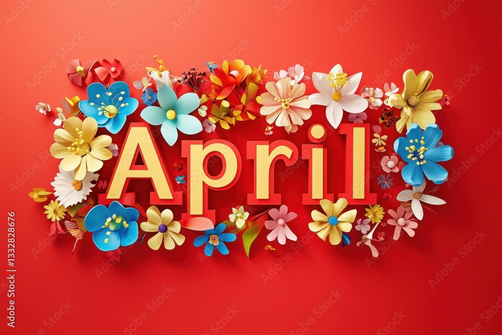Bright red background features the word April adorned with a variety of colorful paper flowers. The arrangement highlights springs joyful essence and creativity, inviting a sense of renewal.