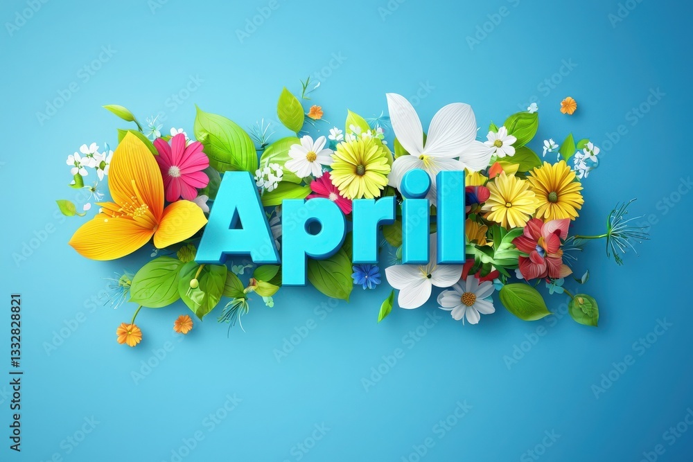 Colorful flowers and green leaves surround the word April, creating a vibrant display. The arrangement features various blossoms, symbolizing spring and renewal in a cheerful way.