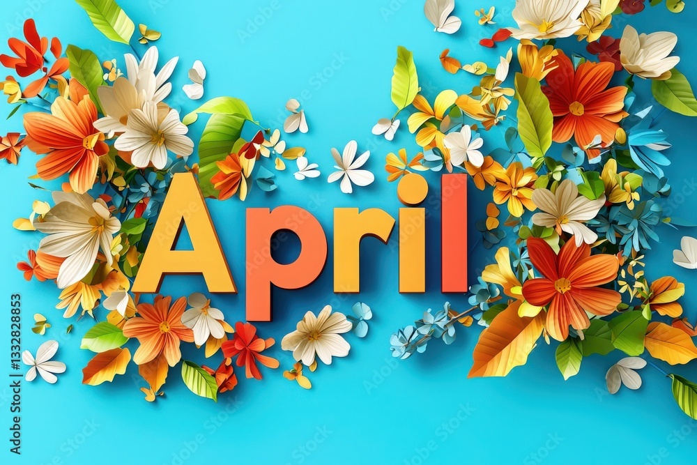 Bright flowers and lush leaves form a decorative arrangement around the word April. The vibrant colors create a cheerful spring atmosphere, perfect for welcoming the new month.