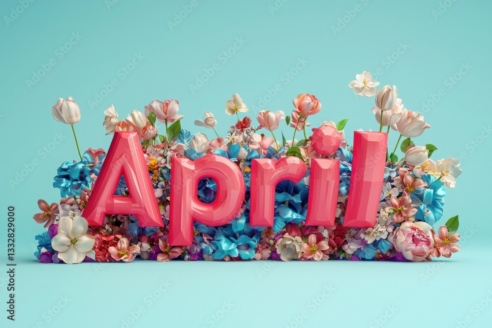 Colorful letters spell out April, surrounded by a variety of flowers including tulips and blossoms against a light blue background, representing the beauty of springtime.