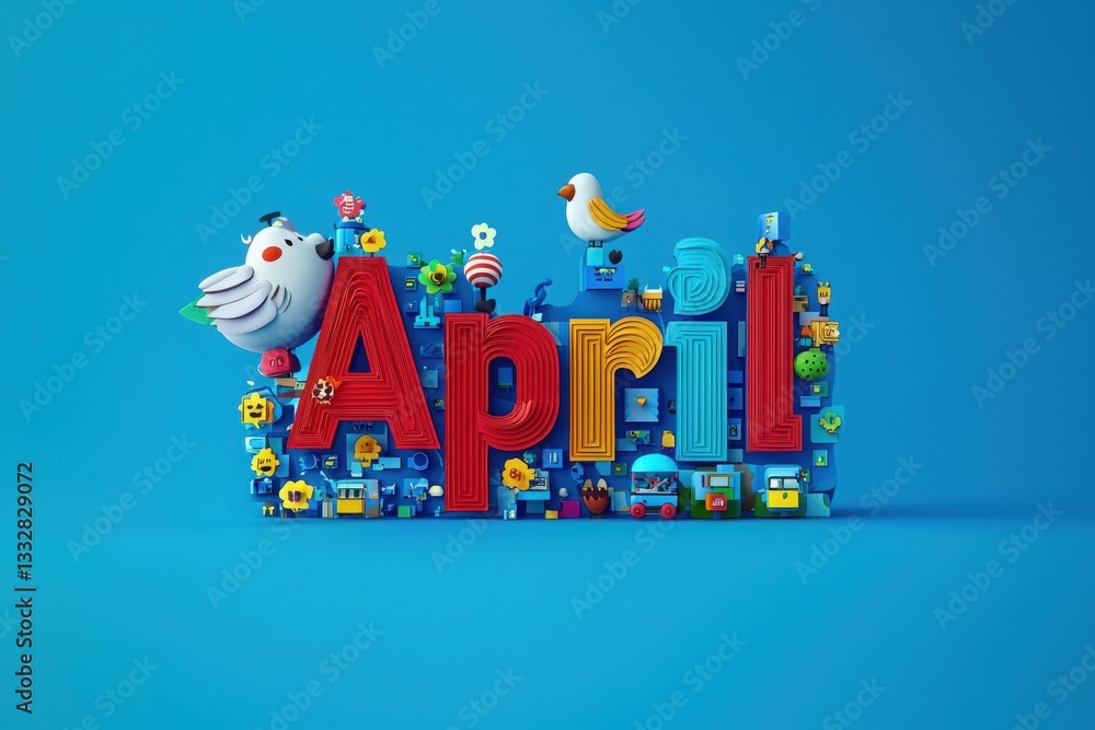 Bold letters spell out April with vibrant colors and whimsical characters. A bird and various playful elements surround the text, creating an engaging spring atmosphere.
