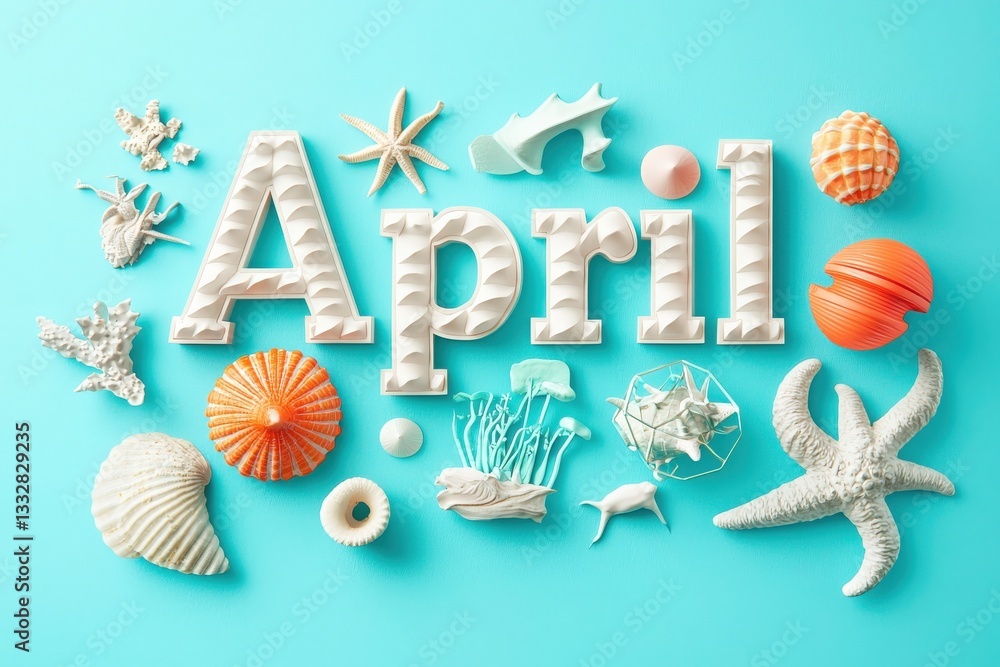 Bright turquoise background features the word April crafted from textured materials alongside various marine life decorations.