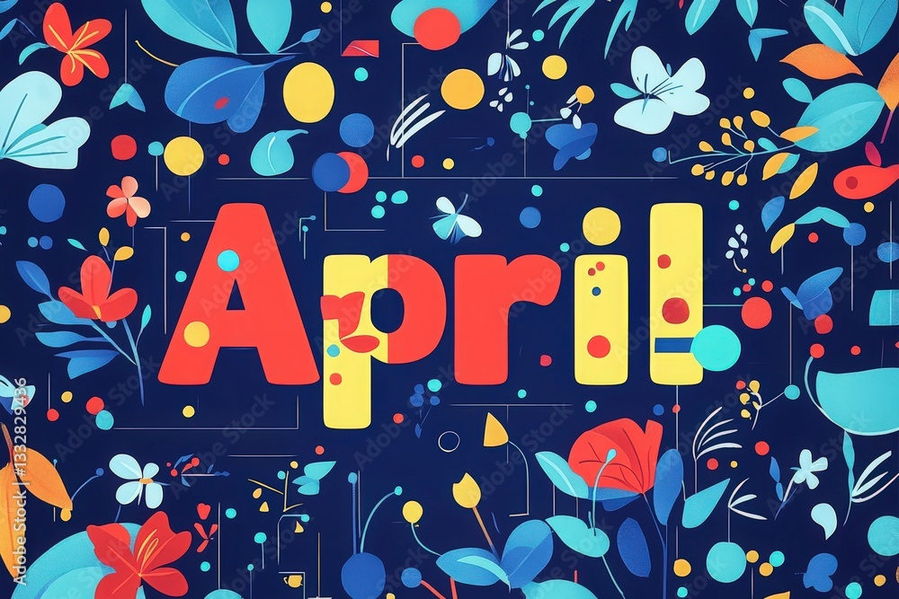 Colorful elements like flowers, leaves, and dots surround the bold word April, creating a lively spring feel. The dark background enhances the bright hues of the floral graphics and text.