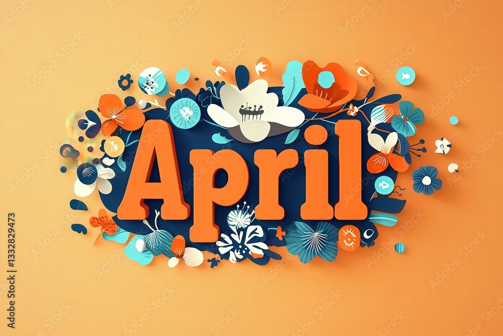 Colorful flowers surround the bold word April, presented on an eye-catching orange backdrop. The design captures the essence of spring, evoking feelings of renewal and celebration.