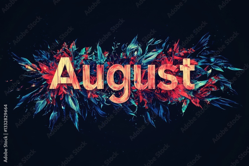 The artwork displays the word August in bold letters surrounded by a burst of colorful flowers and leaves. The design captures the essence of summer with vivid hues and energetic forms.