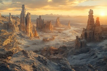 Aufkleber - A breathtaking sunset illuminates a desolate, otherworldly landscape of towering rock formations in a vast desert.
