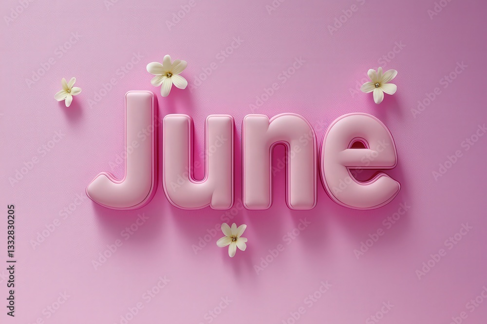 A soft pink background features the word June in bold, glossy letters surrounded by small white flowers. The arrangement captures a cheerful summer vibe, perfect for seasonal themes.