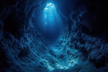 Wall Mural - Sunbeams illuminate a mysterious underwater cave, revealing textured rock formations and a sense of depth and wonder.