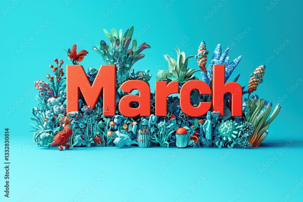 Brightly colored 3D letters spell out March, surrounded by diverse flora and whimsical creatures. The background creates a lively, festive atmosphere, evoking the arrival of spring.