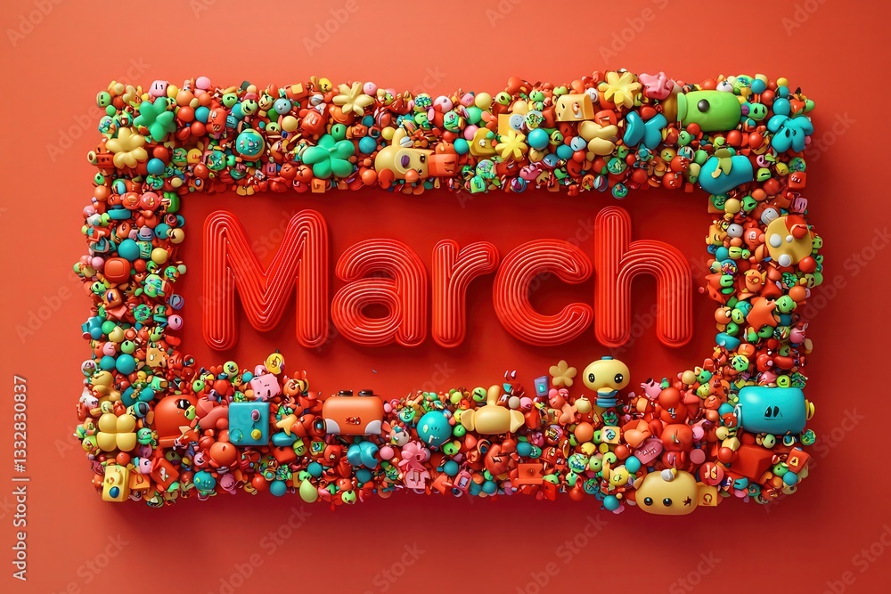 A vibrant March-themed display features bold, flowing letters surrounded by an assortment of playful, colorful decorations.
