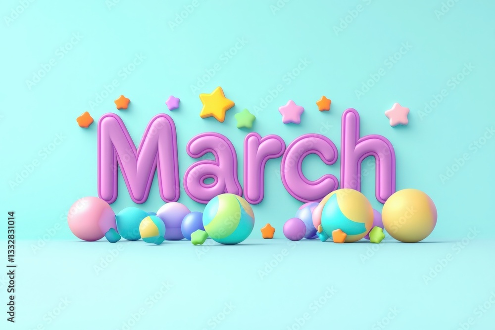 Bright pastel-colored decorations signify the arrival of March, featuring playful spheres and stars arranged cheerfully on a smooth light blue surface, creating a festive atmosphere.