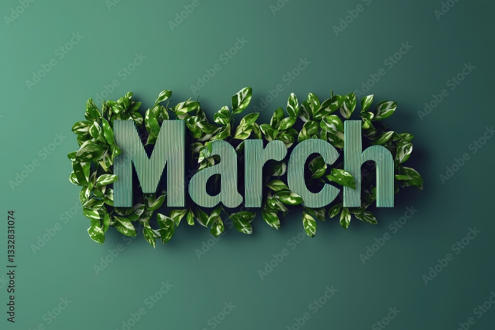 The month of March is depicted in bold letters, entwined with vibrant green leaves against a smooth green backdrop. This arrangement symbolizes renewal and growth.