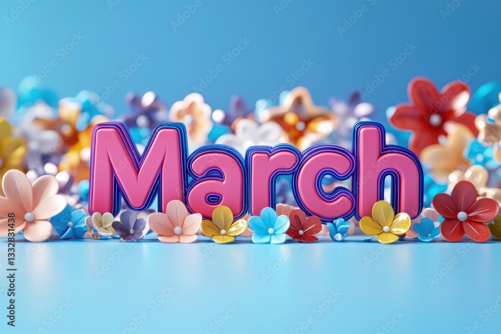 The word March sits prominently in playful colors, surrounded by an array of beautiful flowers in various shapes and sizes. The background features a soft blue, enhancing the lively atmosphere.