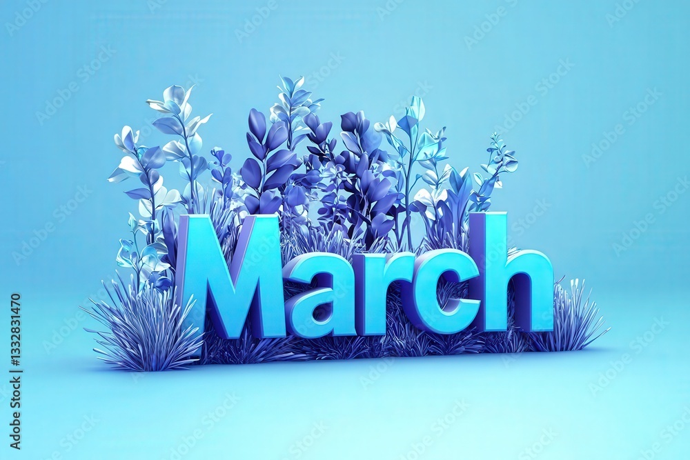 The vibrant artwork showcases the word March surrounded by various plants and flowers in shades of blue, creating a fresh and lively ambiance indicative of springs arrival.