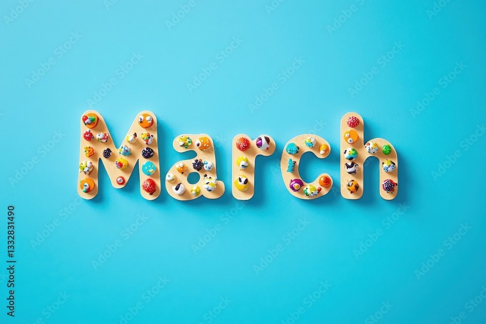 Decorative letters spelling March are adorned with various sweets and toppings. The vibrant colors and fun designs create an inviting and playful atmosphere, perfect for spring.