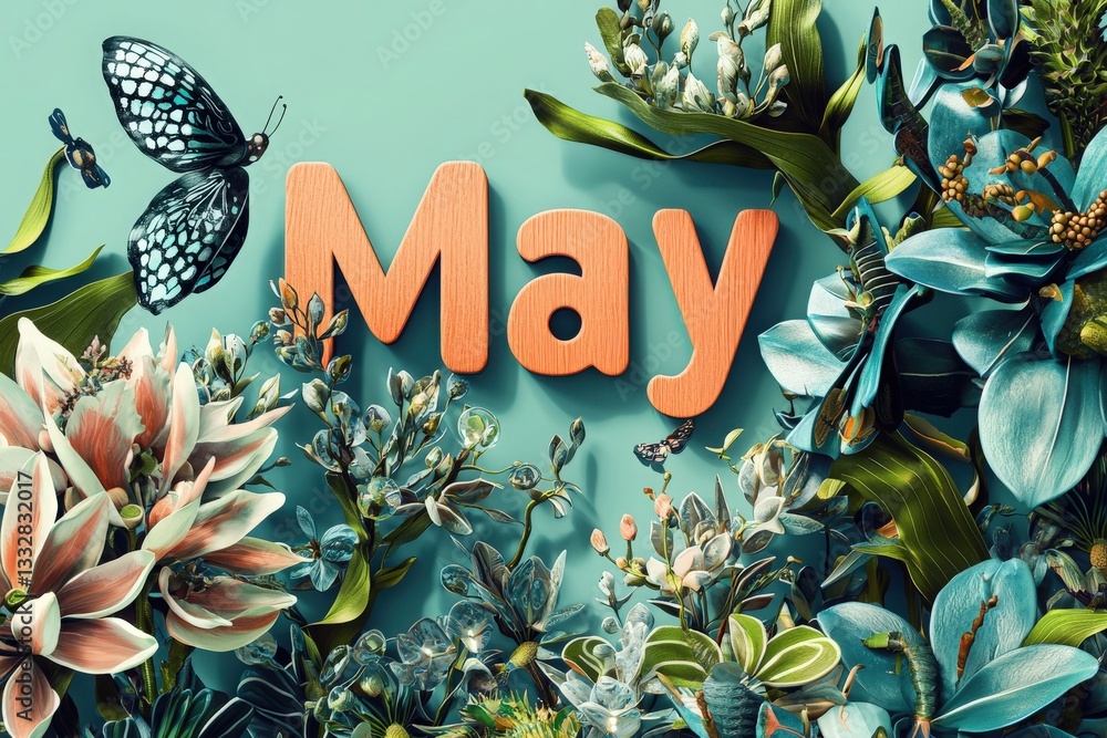 Colorful flowers surround wooden letters that spell May, while a butterfly flits nearby. The composition radiates springtime vibes and freshness, showcasing natures beauty and vibrant colors.