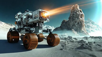 Wall Mural - robotic exploration vehicle traverses alien landscape with stunning cosmic backdrop in 4k resolution