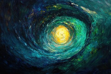 Poster - Abstract swirling vortex painting, teal and green hues, central yellow light.