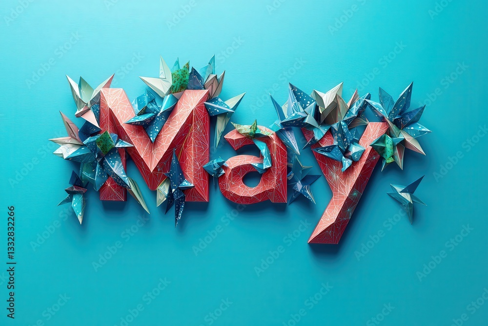 A vibrant arrangement features the word May crafted from textured paper, adorned with colorful origami stars. The backdrop is a bright blue, enhancing the artistic design.