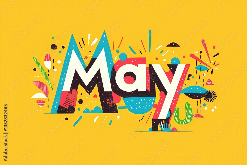 Colorful design showcases the word May in large letters with various abstract shapes and patterns. The bright yellow background enhances the mood, celebrating the arrival of spring.