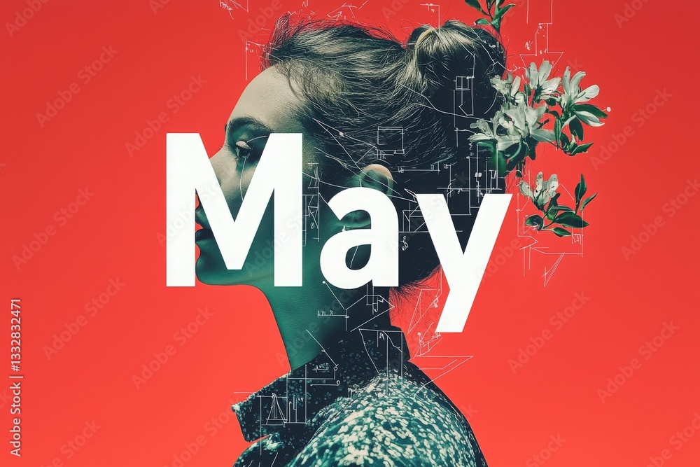 A young woman gazes sideways, adorned with flowers in her hair, against a bright red background featuring bold text that reads May. The composition captures the essence of spring.