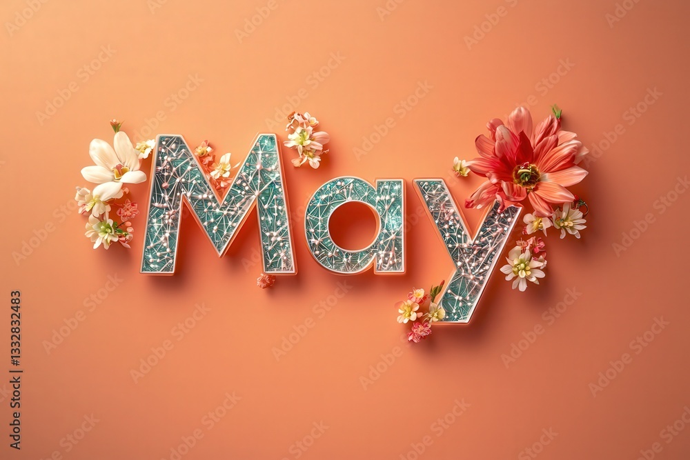 Decorative letters spelling May are adorned with colorful flowers against a coral background. The arrangement highlights the beauty of spring and the vibrant colors of the season.
