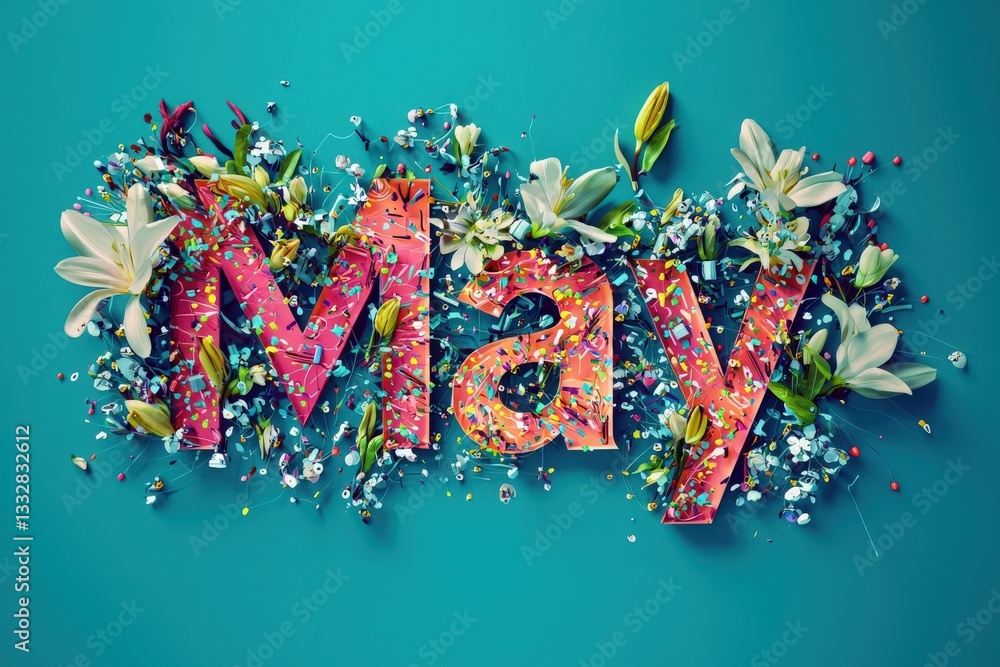 Brightly colored letters spell out May surrounded by an array of flowers and confetti. The artistic arrangement showcases a lively spring theme, perfect for welcoming the month.