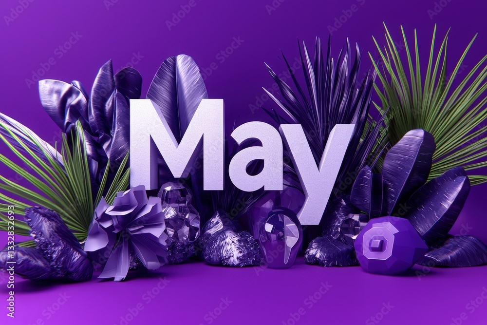 A captivating arrangement features the word May in bold white surrounded by various purple foliage and decorative elements symbolizing the vibrancy of spring.