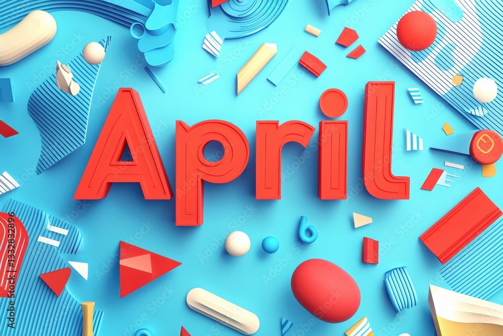 A vibrant arrangement highlights the word April in bold red letters on a blue background, surrounded by various geometric shapes and colorful patterns, creating a playful atmosphere.