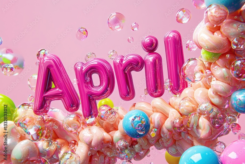 Bright pink text spelling April stands out among colorful bubbles and candy shapes. The playful design evokes a festive, cheerful spring atmosphere.