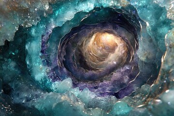 Leinwandbilder - A mesmerizing swirling vortex within a gemstone geode, showcasing vibrant teal, purple, and gold hues.