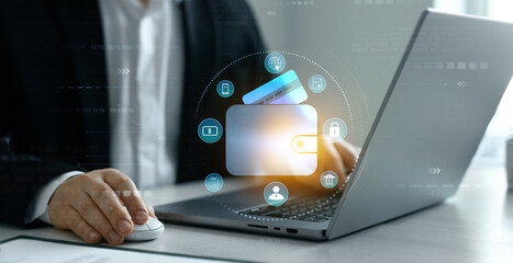 online banking, financial, smart technology and e-wallet.bank manager using laptop to connect digita