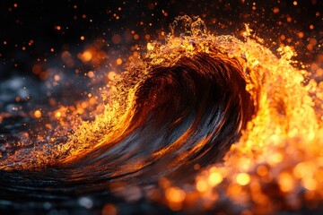 Aufkleber - Fiery ocean wave crashes, glowing embers illuminate the dark water creating a dramatic, surreal scene.