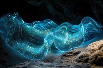Wall Mural - Glowing, ethereal fabric drapes over a dark, sandy seabed, resembling a bioluminescent organism.