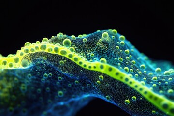 Aufkleber - Abstract artwork depicting a vibrant, interconnected network of glowing bubbles forming a wave-like structure.