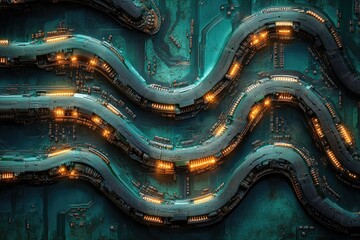 Poster - Abstract digital artwork depicting intricate, glowing circuitry pathways resembling a futuristic, serpentine network.