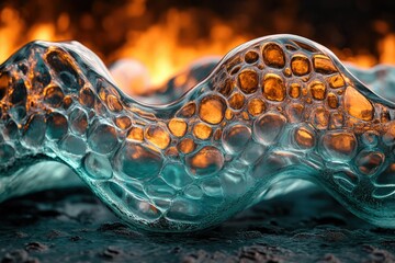 Aufkleber - Abstract close-up of teal glass sculpted into a wave-like form with a fiery orange background.