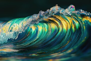 Poster - A mesmerizing teal and gold wave curls, showcasing the beauty and power of nature's artistry.