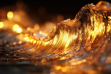 Fototapete - A golden wave crests, lit by the setting sun, showcasing its translucent texture and the beauty of nature's artistry.
